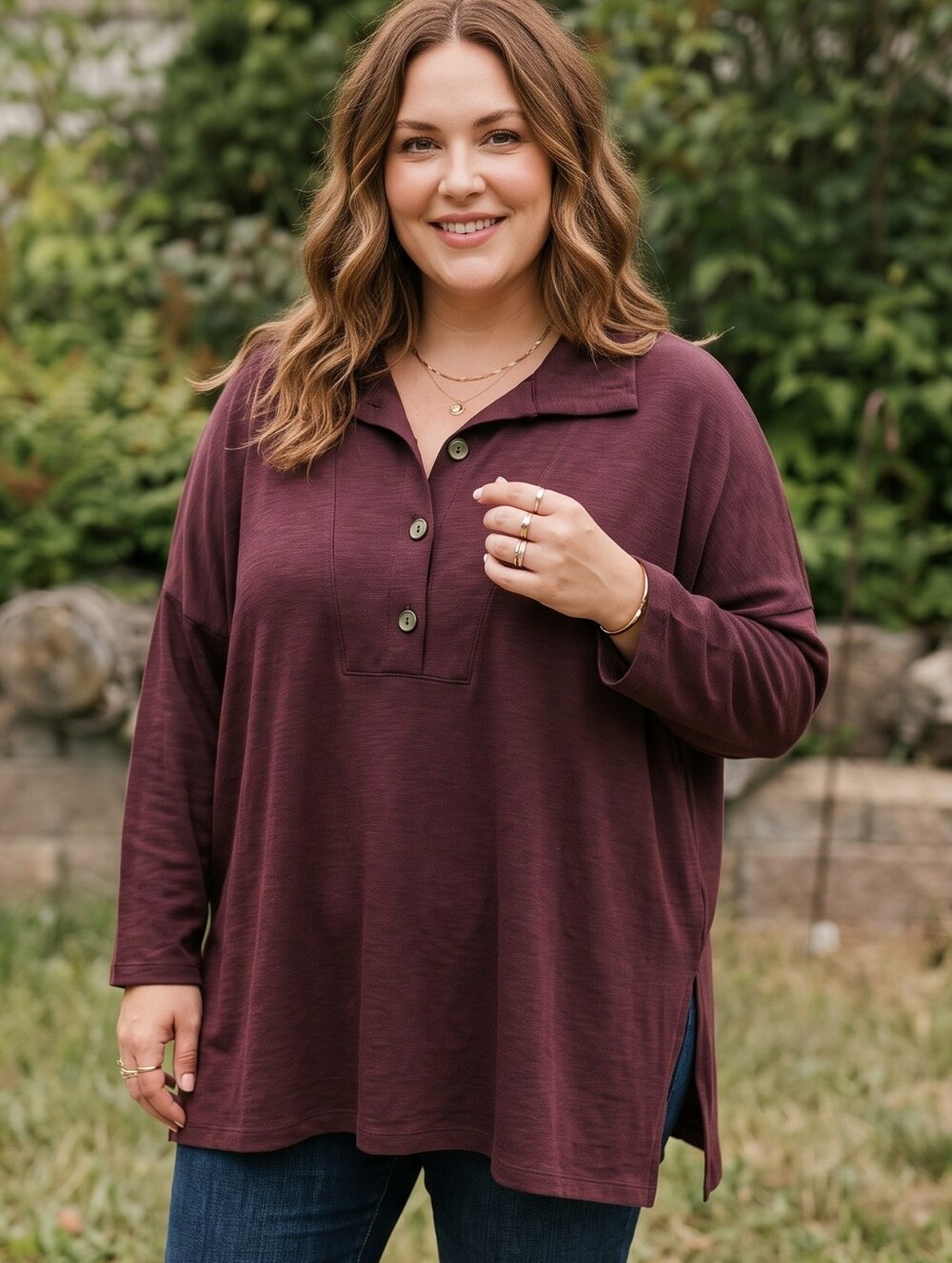 J.Jill Fleece Burgundy Henley Pullover Top Sweater Granola Girl Boho Cozy Fall